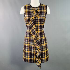 MSGM Size 8 Yellow Black Silver Wool Blend Ruffle Plaid Mini Dress